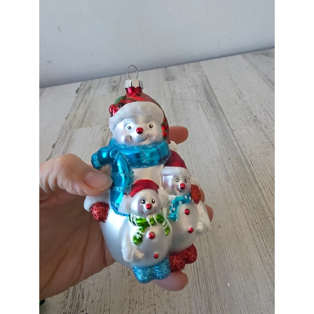 Vintage glass snowman family glitter‎ ornament Xmas tree blue red white